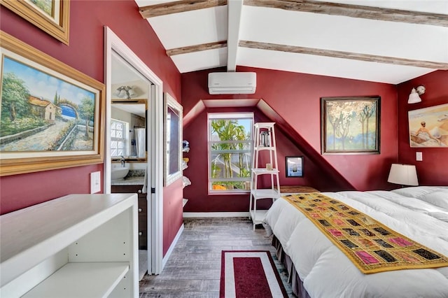 bedroom featuring dark hardwood / wood-style floors, a wall mounted AC, and lofted ceiling with beams