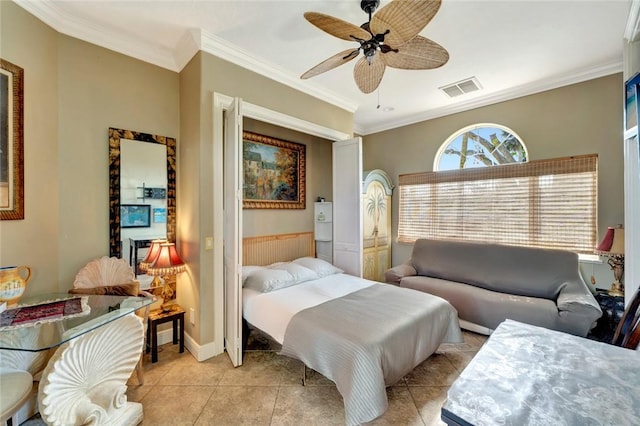 tiled bedroom featuring crown molding and ceiling fan