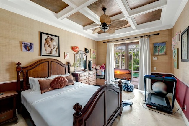 bedroom with coffered ceiling, beam ceiling, ornamental molding, ceiling fan, and access to exterior