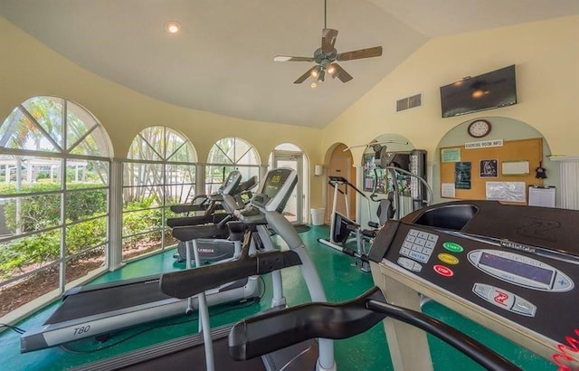 gym featuring ceiling fan and lofted ceiling