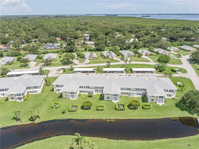 drone / aerial view featuring a water view