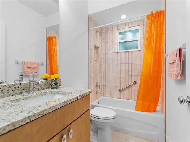 full bathroom with toilet, shower / bath combo with shower curtain, and vanity