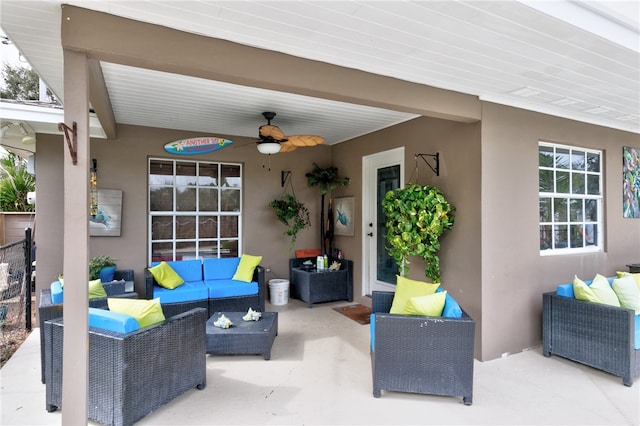 view of patio featuring ceiling fan and outdoor lounge area