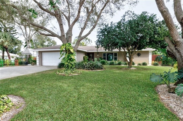 single story home with a garage and a front yard