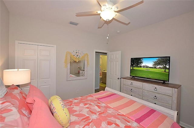 bedroom with a ceiling fan, a closet, and visible vents