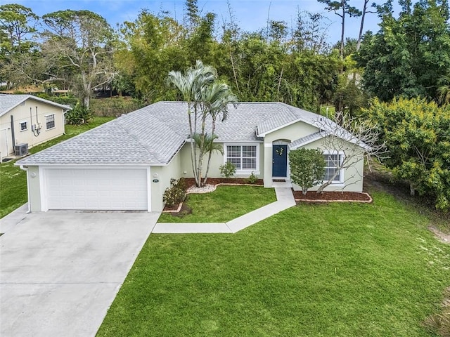 single story home with a shingled roof, an attached garage, a front yard, cooling unit, and driveway