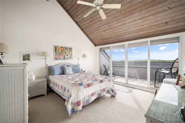 carpeted bedroom featuring ceiling fan, high vaulted ceiling, access to exterior, and wood ceiling