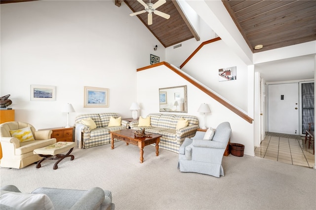 living room featuring high vaulted ceiling, carpet, ceiling fan, wood ceiling, and beam ceiling