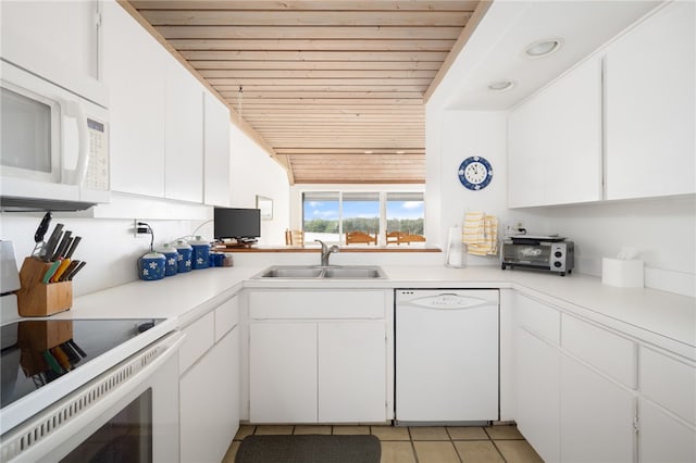 kitchen featuring white cabinetry, sink, wood ceiling, and white appliances