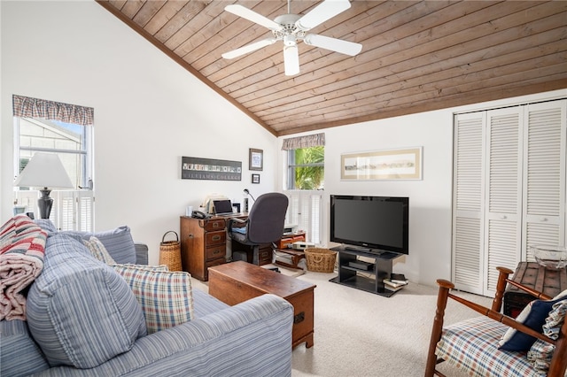 living room featuring ceiling fan, high vaulted ceiling, carpet floors, and wooden ceiling