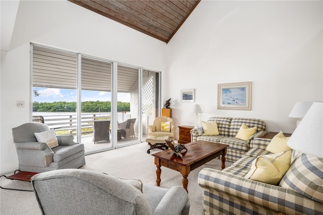 living room featuring wood ceiling, carpet floors, and high vaulted ceiling