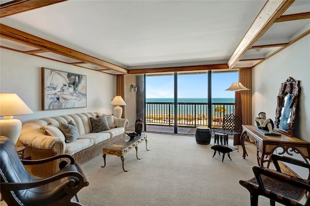 carpeted living room with a water view and a wall of windows