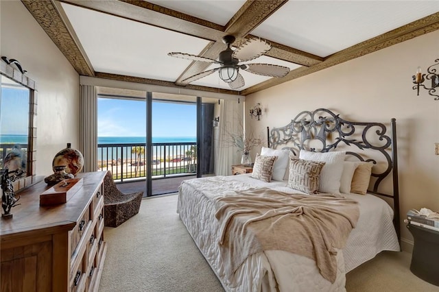 carpeted bedroom featuring access to outside, coffered ceiling, a water view, ceiling fan, and beam ceiling