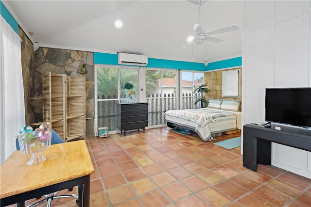 tiled bedroom featuring ceiling fan, lofted ceiling, and a wall unit AC