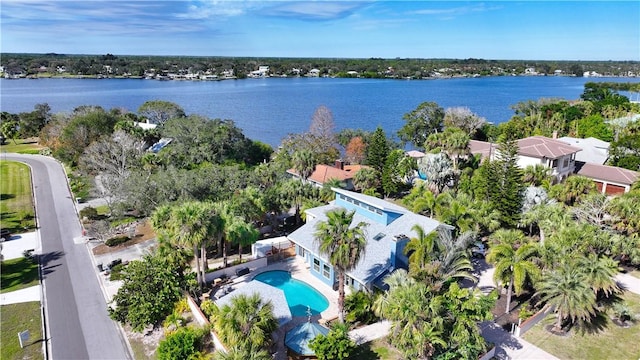 drone / aerial view with a water view