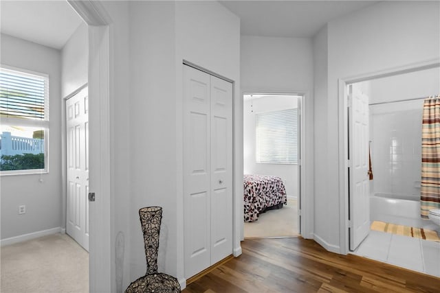 hall with baseboards and wood finished floors