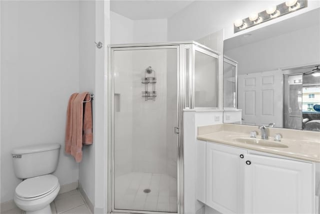 full bath featuring toilet, a stall shower, tile patterned flooring, and vanity