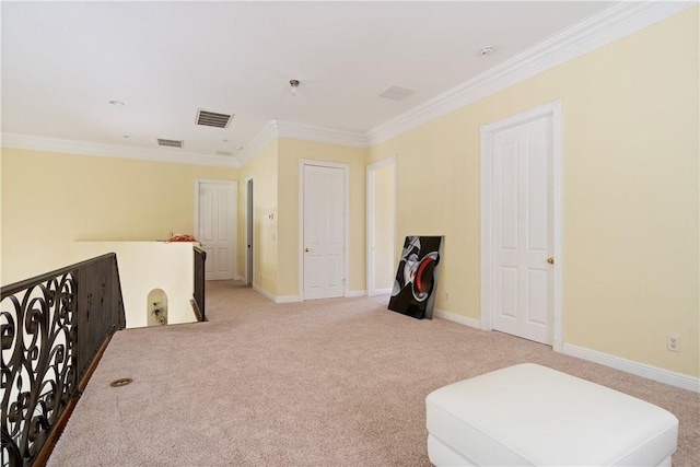 6139 57th Ct, Vero Beach, FL 32967 - sitting room with crown molding, light carpet, baseboards, and an upstairs landing