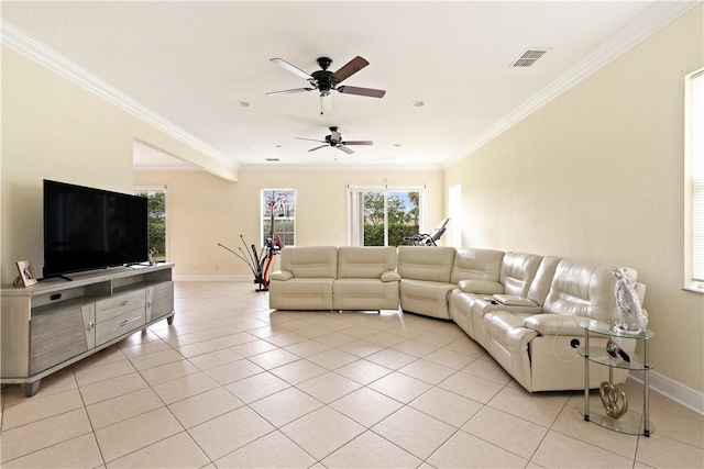 6139 57th Ct, Vero Beach, FL 32967 - living area with light tile patterned flooring, crown molding, baseboards, and ceiling fan