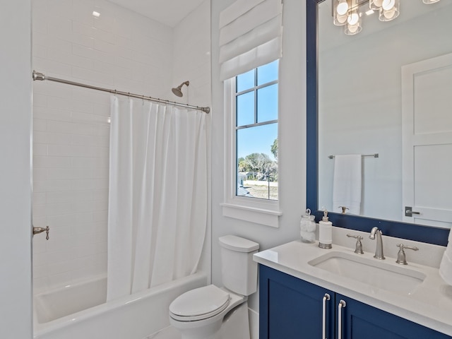 full bathroom featuring vanity, toilet, and shower / bathtub combination with curtain