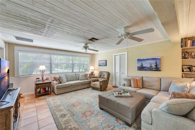 living area with light tile patterned floors, ceiling fan, wooden ceiling, and visible vents