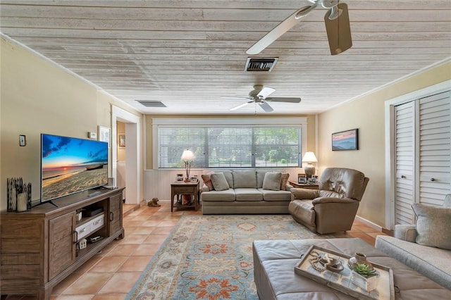 living area featuring light tile patterned floors, wood ceiling, visible vents, and a ceiling fan