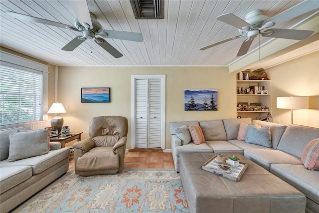 living area with light tile patterned floors, ceiling fan, wooden ceiling, and visible vents