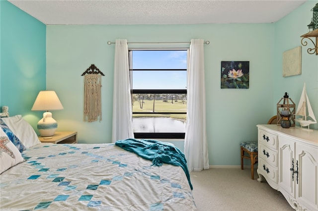 bedroom with a textured ceiling and light colored carpet