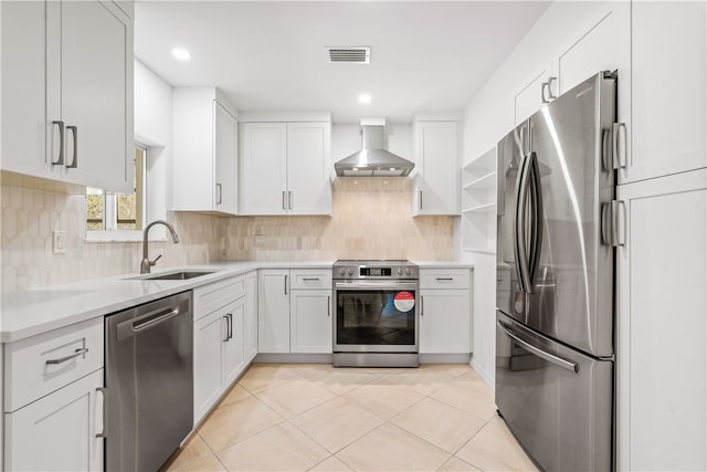 kitchen with white cabinetry, wall chimney range hood, sink, and stainless steel appliances