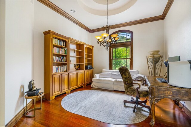 office area with ornamental molding, dark wood-type flooring, and a notable chandelier