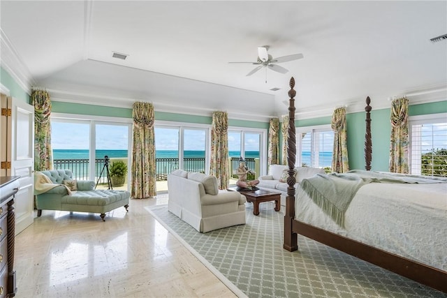 596 Ocean Rd, Vero Beach, FL 32963 - bedroom featuring access to exterior, a water view, and ornamental molding