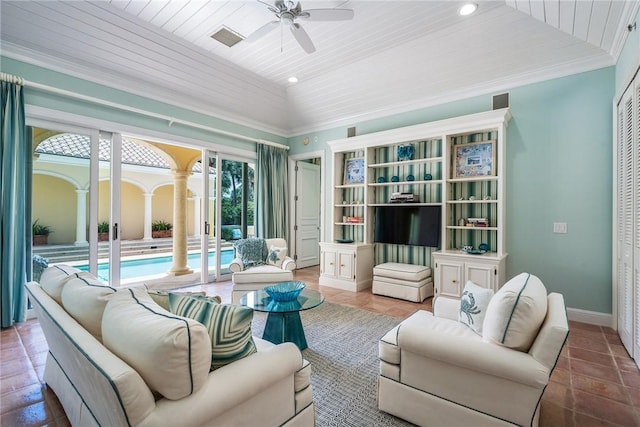 596 Ocean Rd, Vero Beach, FL 32963 - living room featuring a ceiling fan, wood ceiling, baseboards, ornate columns, and recessed lighting