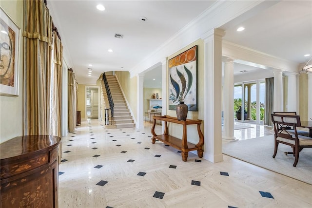 596 Ocean Rd, Vero Beach, FL 32963 - corridor with ornate columns, crown molding, stairway, baseboards, and recessed lighting