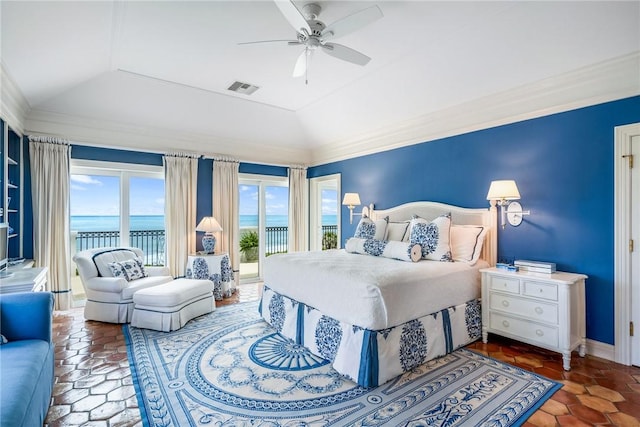 596 Ocean Rd, Vero Beach, FL 32963 - tiled bedroom with access to outside, a water view, a raised ceiling, ornamental molding, and a ceiling fan