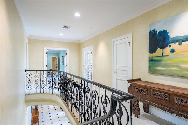 596 Ocean Rd, Vero Beach, FL 32963 - hall featuring an upstairs landing, crown molding, recessed lighting, and carpet floors