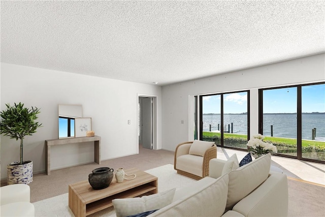 1001 Bay Rd Unit 110-C, Vero Beach, FL 32963 - carpeted living area featuring a water view and a textured ceiling