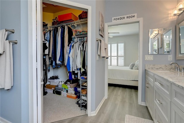 interior space with vanity and wood-type flooring