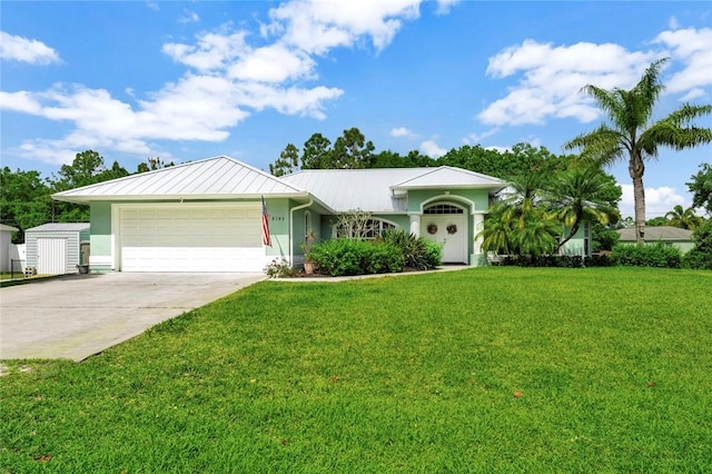 8145 95th Ct, Vero Beach, FL 32967 - ranch-style house with stucco siding, metal roof, a garage, driveway, and a front yard