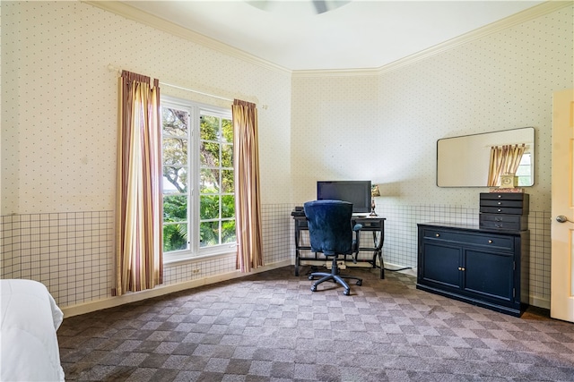 office area featuring dark carpet and ornamental molding