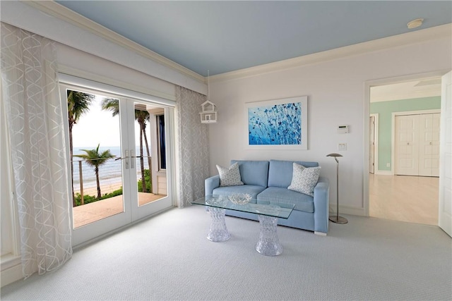 116 Ocean Way, Vero Beach, FL 32963 - living area featuring carpet, french doors, plenty of natural light, and ornamental molding