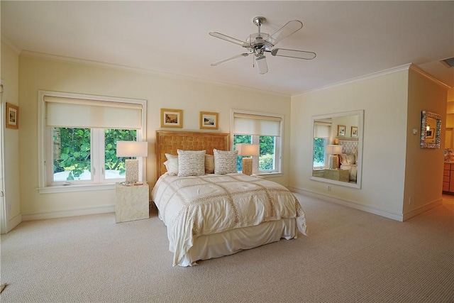 116 Ocean Way, Vero Beach, FL 32963 - bedroom with carpet flooring, crown molding, multiple windows, and a ceiling fan