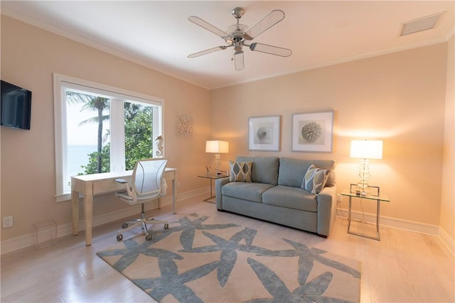 116 Ocean Way, Vero Beach, FL 32963 - living area with wood finished floors, a desk, ceiling fan, and crown molding