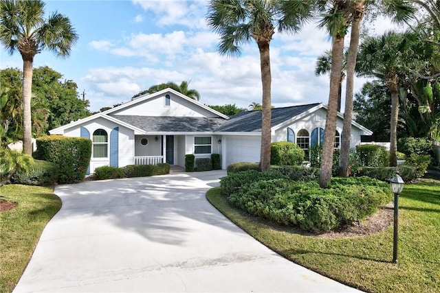 single story home with a porch, a garage, and a front yard