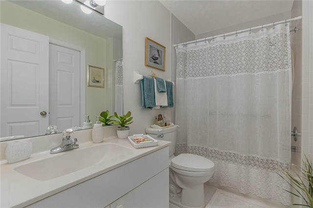 bathroom featuring vanity, a textured ceiling, toilet, and a shower with curtain