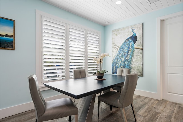 dining space with hardwood / wood-style flooring and wood ceiling