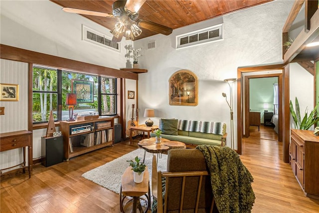 living area with wooden ceiling, visible vents, ceiling fan, and light wood-style flooring