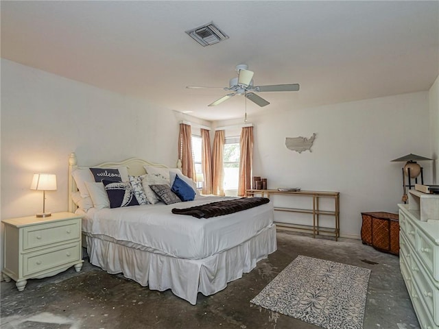 bedroom with visible vents, unfinished concrete floors, and a ceiling fan