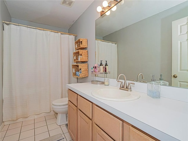 full bathroom with tile patterned floors, visible vents, toilet, and vanity