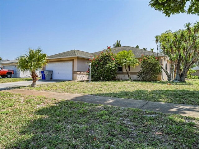 view of front of property with a garage, a front lawn, driveway, and stucco siding