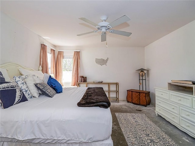 bedroom featuring unfinished concrete flooring and ceiling fan